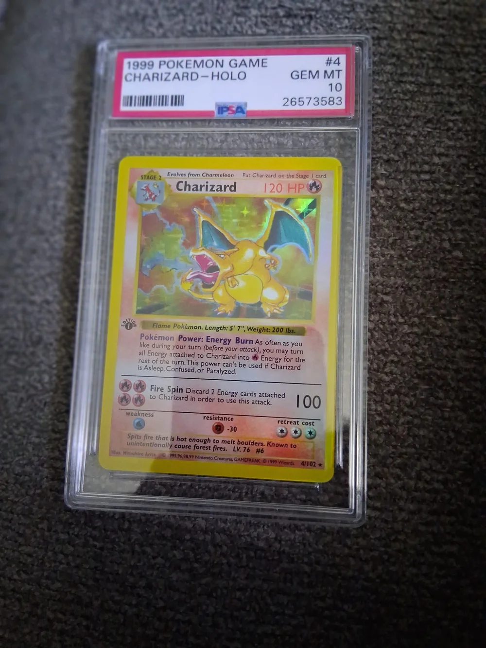 PSA 10 Charizard Holo 1999 Pokémon Trading Card - Yellow Holo